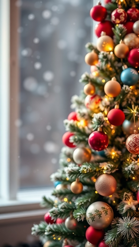 A blurred Christmas tree with lights and ornaments, creating a warm holiday atmosphere.